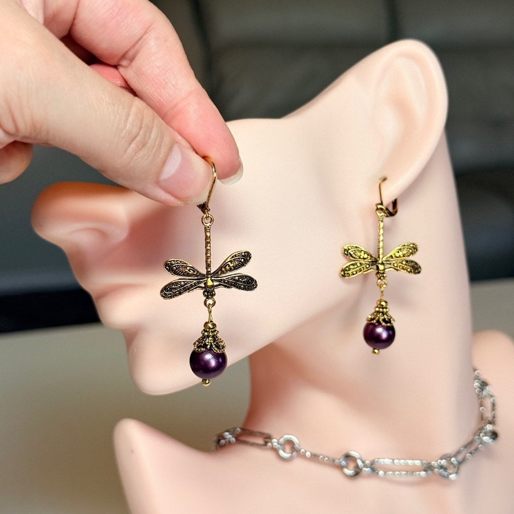 Gold Dragonfly Earrings with Purple Pearls - Picture 6 of 10